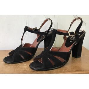 Vtg Vivo Italian Black Suede Leather Slingback Peeptoe Heels Sandals 7.5B Italy